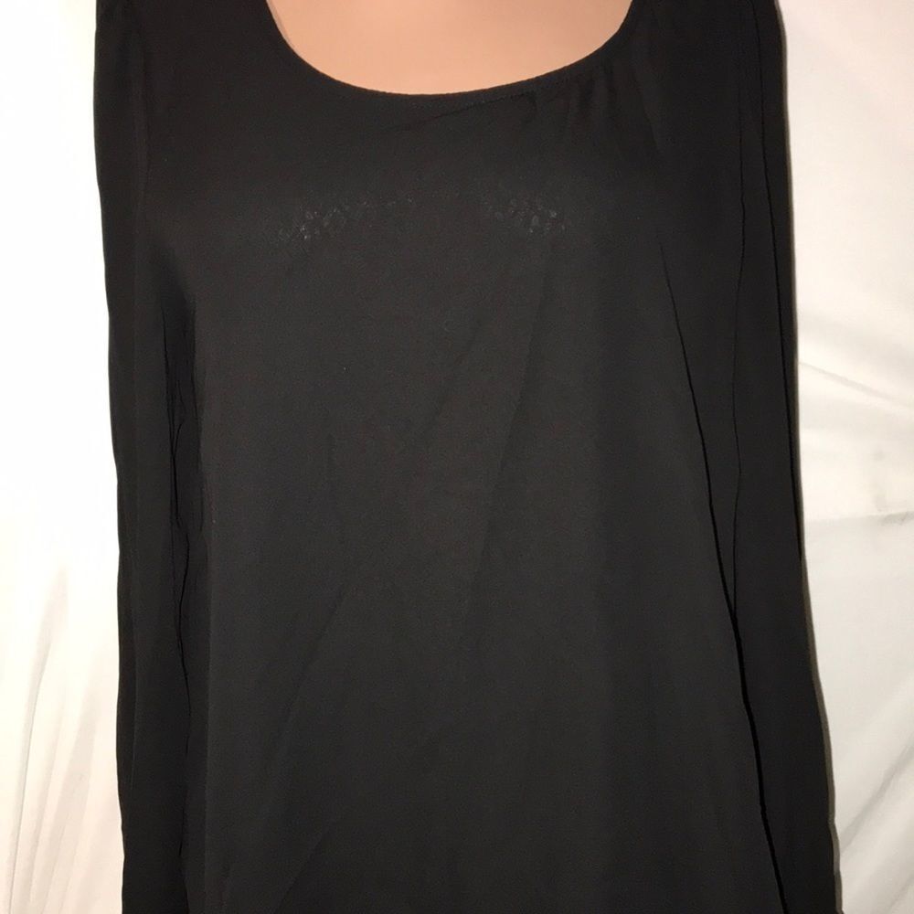 Papaya Womens Black Long Sleeve Lace Back Scalloped Hem Blouse Top Large
